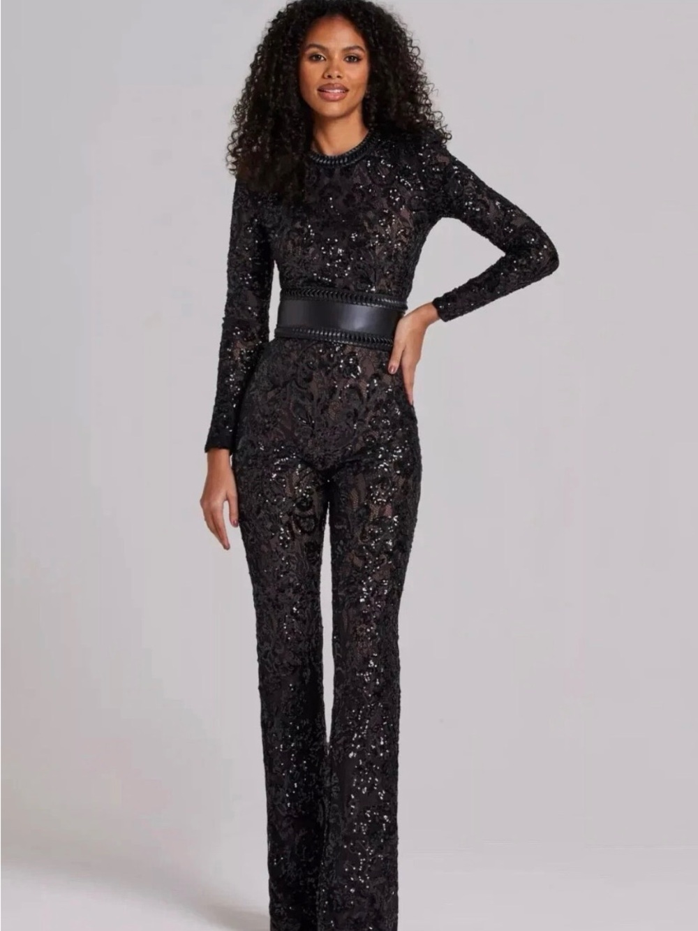 NADINE MERABI Bella Black Sequin Lace Long-Sleeve Jumpsuit no belt